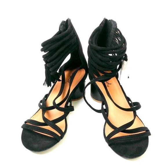 Qupid BLACK MAN MADE SUEDE LEATHER STRAPPY TASSEL ZIP BACK 2"HEEL SLINGBACK 7 US - Picture 5 of 8